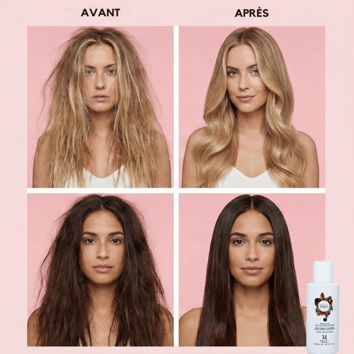 Avant / après Miracle Babaçu, cheveux lissés et réparés